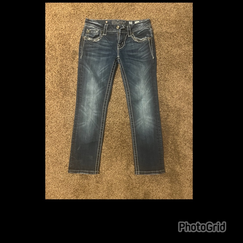 Miss Me Blue and White Ankle Cropped Jeans